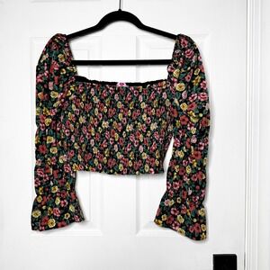 BuddyLove Botanical Floral Smocked Square Neck Bell Sleeve Crop Top Women's M